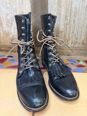VTG Justin Boots Kiltie Fringe Black Leather Lace Up Roper Boots Size W 7.5
